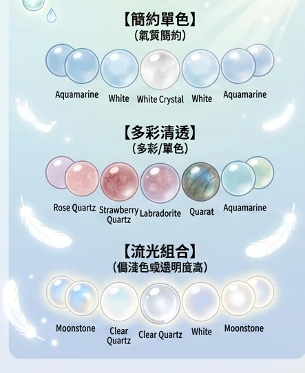 輕盈流光系珠串樣本：簡約單色、多彩清透、流光組合